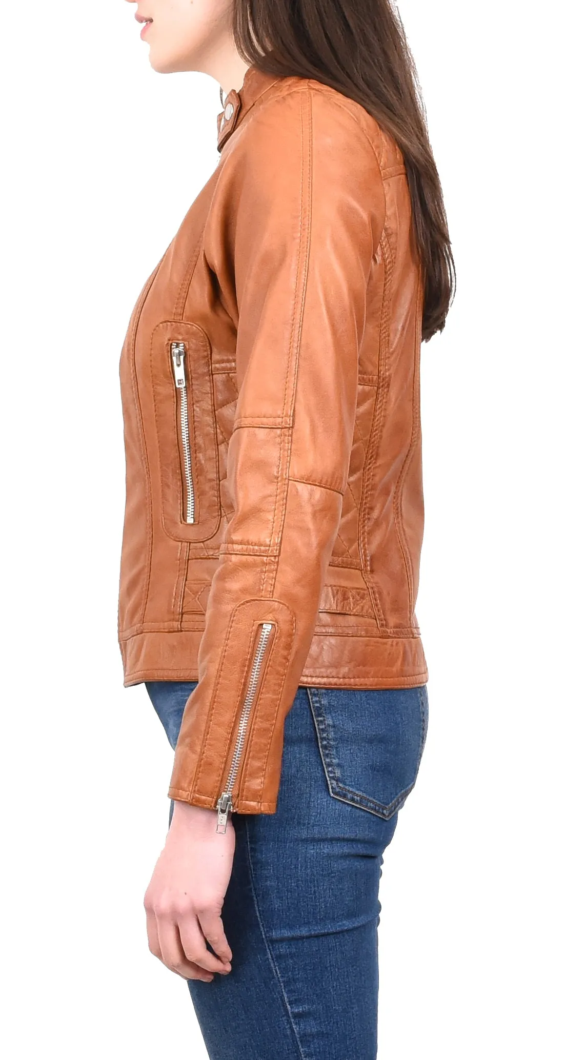 Women's Real Leather Fitted Motorbike Biker Jacket Tan Ridebrave