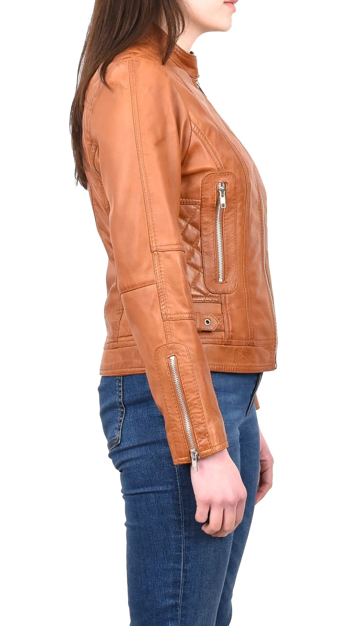 Women's Real Leather Fitted Motorbike Biker Jacket Tan Ridebrave