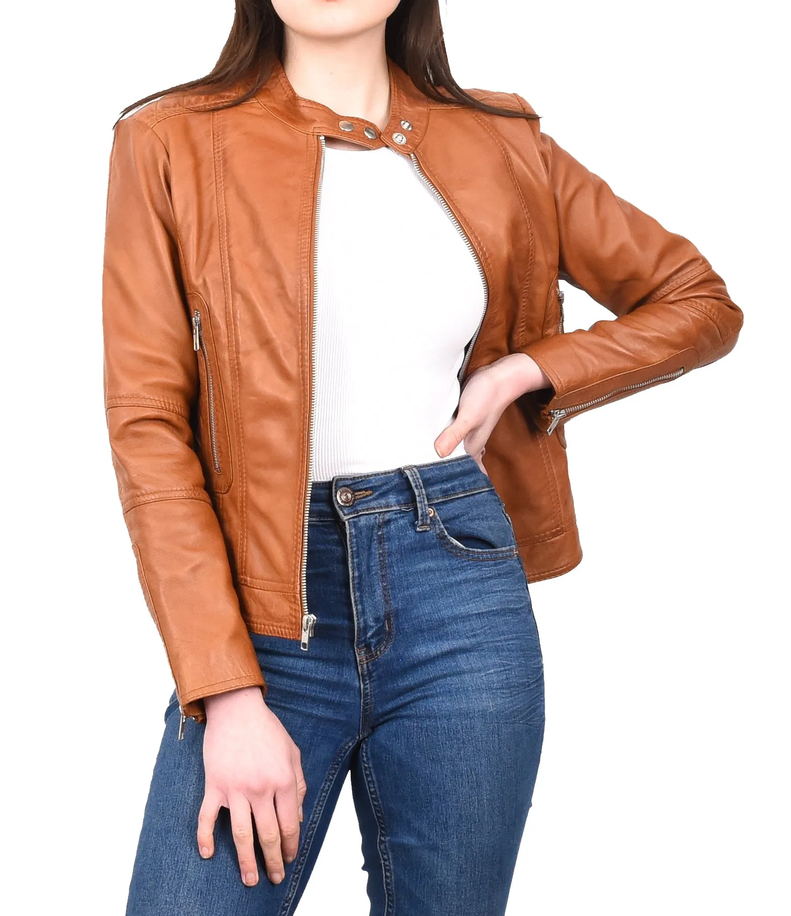 Women's Real Leather Fitted Motorbike Biker Jacket Tan Ridebrave