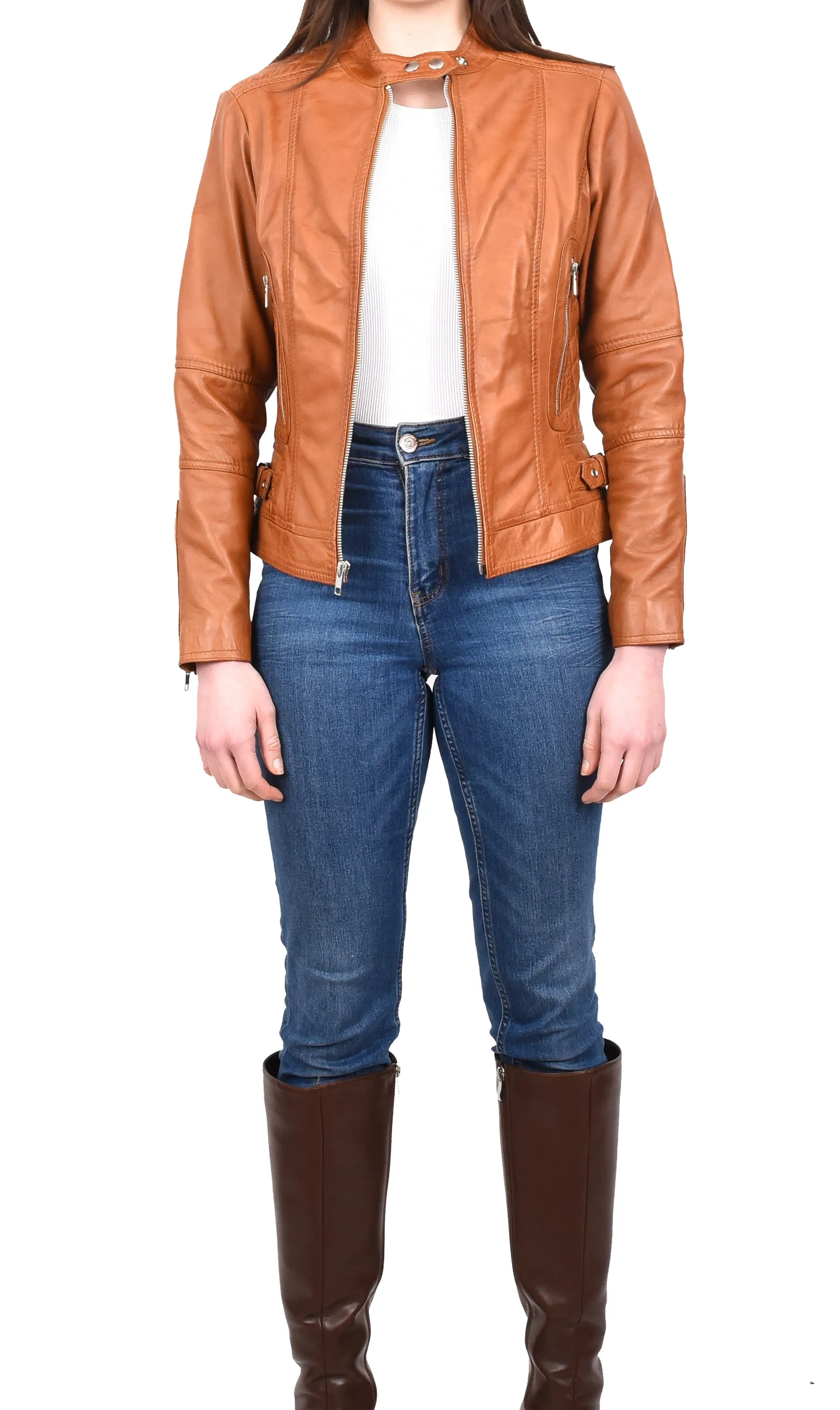 Women's Real Leather Fitted Motorbike Biker Jacket Tan Ridebrave