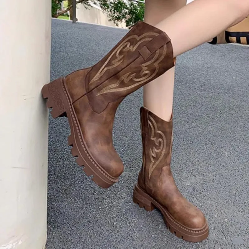 Women's Retro Warm Lined Soft Leather Western Cowgirl Boots