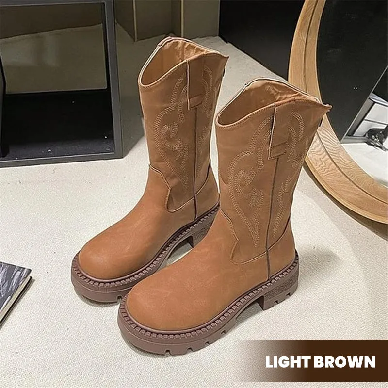 Women's Retro Warm Lined Soft Leather Western Cowgirl Boots