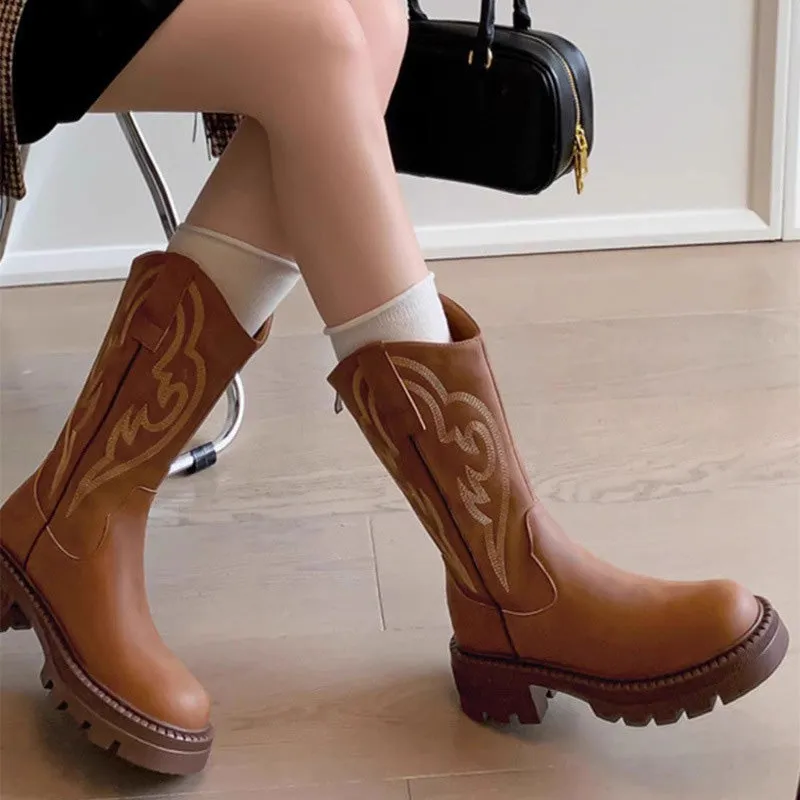 Women's Retro Warm Lined Soft Leather Western Cowgirl Boots