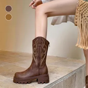 Women's Retro Warm Lined Soft Leather Western Cowgirl Boots