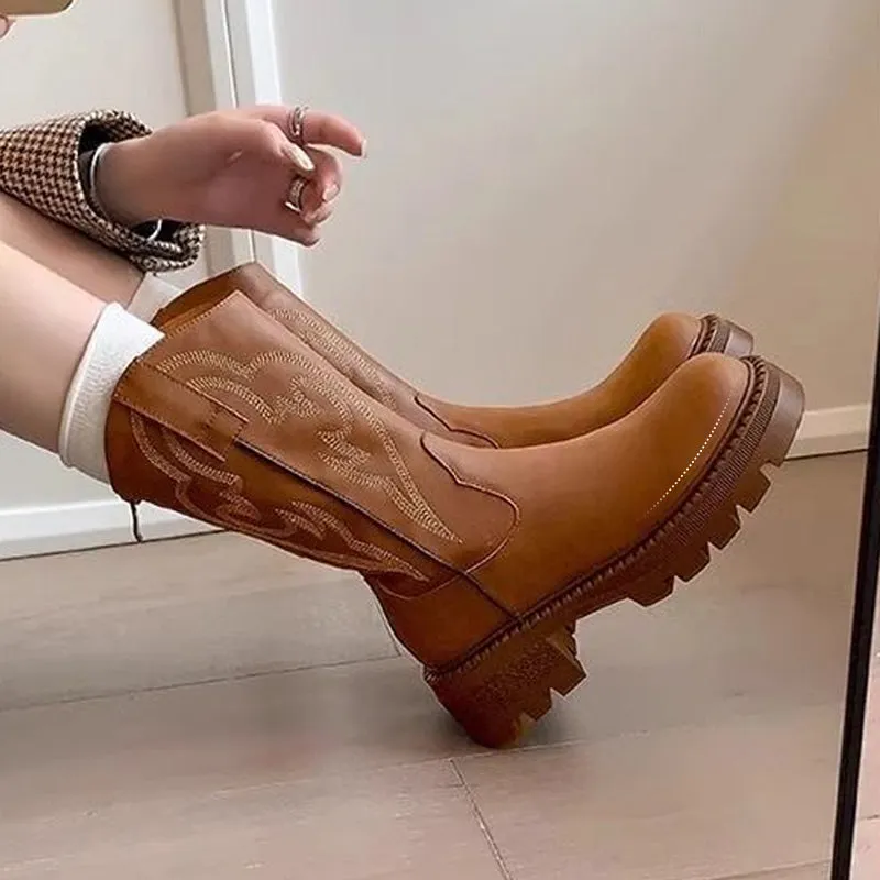 Women's Retro Warm Lined Soft Leather Western Cowgirl Boots