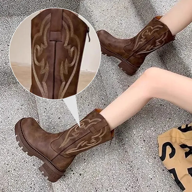 Women's Retro Warm Lined Soft Leather Western Cowgirl Boots