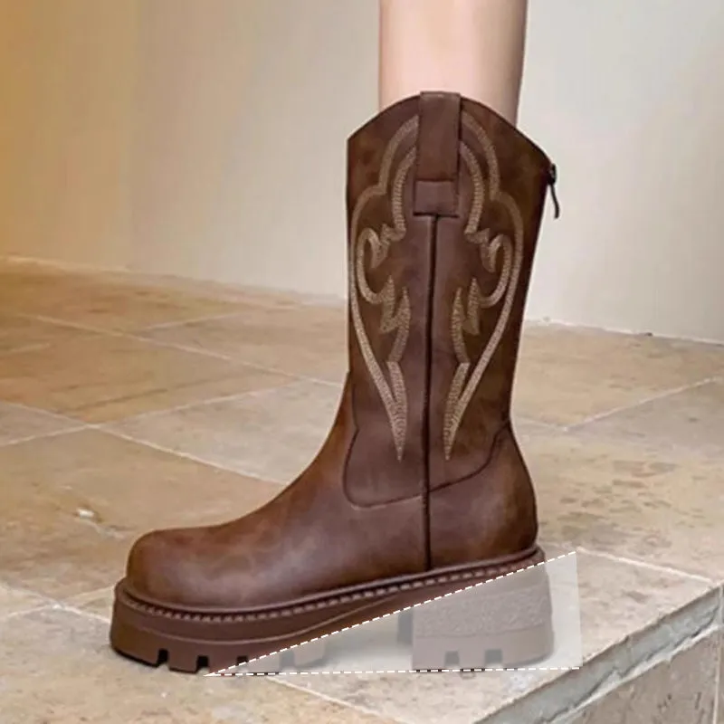 Women's Retro Warm Lined Soft Leather Western Cowgirl Boots