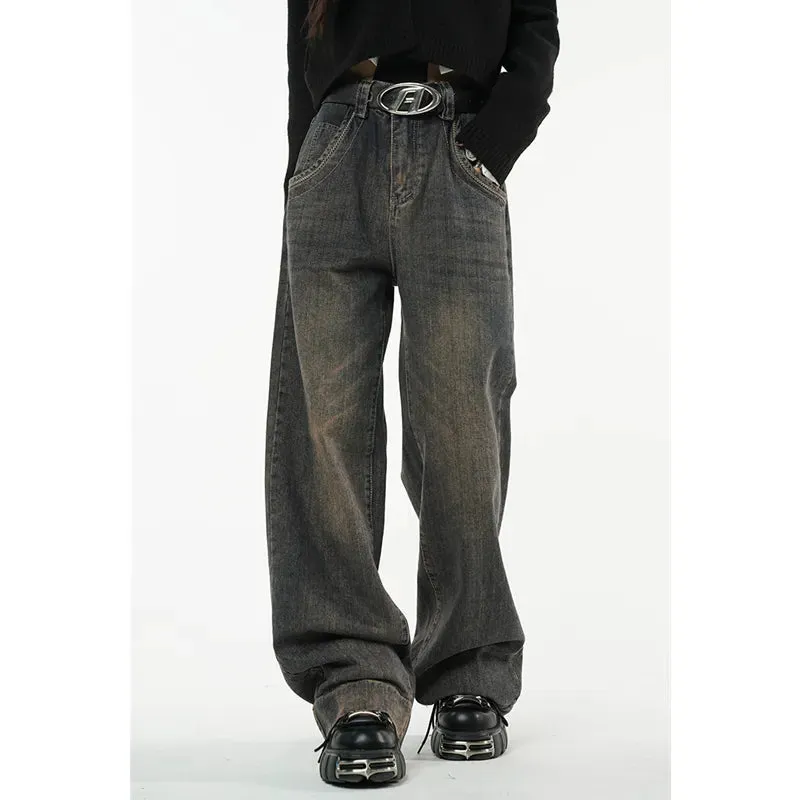 Women's Vintage Dark Blue Jeans High Waist Jeans American Streetwear Fashion Wide Leg Trousers Straight Baggy Denim Pants