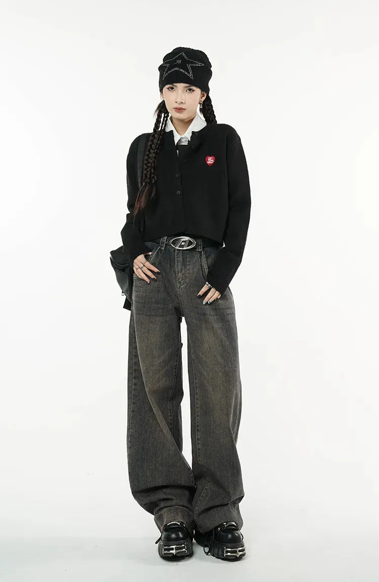 Women's Vintage Dark Blue Jeans High Waist Jeans American Streetwear Fashion Wide Leg Trousers Straight Baggy Denim Pants