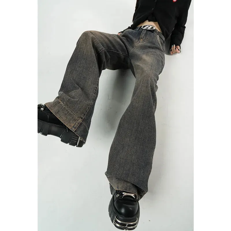 Women's Vintage Dark Blue Jeans High Waist Jeans American Streetwear Fashion Wide Leg Trousers Straight Baggy Denim Pants
