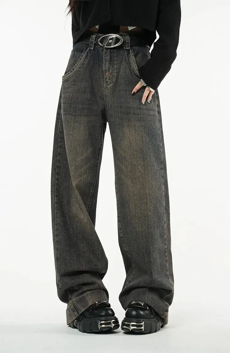 Women's Vintage Dark Blue Jeans High Waist Jeans American Streetwear Fashion Wide Leg Trousers Straight Baggy Denim Pants
