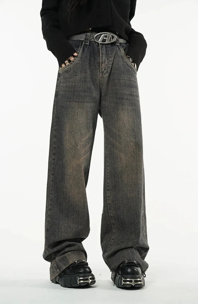 Women's Vintage Dark Blue Jeans High Waist Jeans American Streetwear Fashion Wide Leg Trousers Straight Baggy Denim Pants
