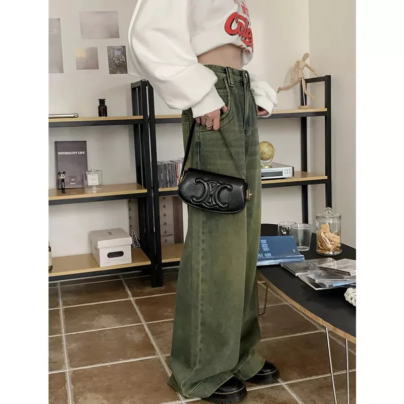 Women's Vintage Dark Blue Jeans High Waist Jeans American Streetwear Fashion Wide Leg Trousers Straight Baggy Denim Pants