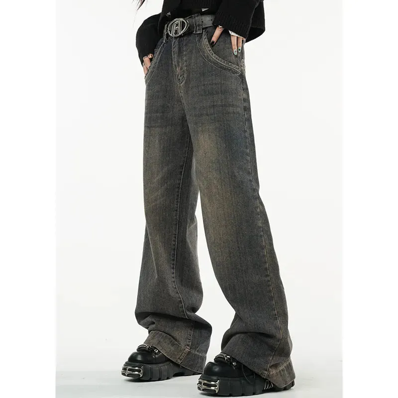 Women's Vintage Dark Blue Jeans High Waist Jeans American Streetwear Fashion Wide Leg Trousers Straight Baggy Denim Pants