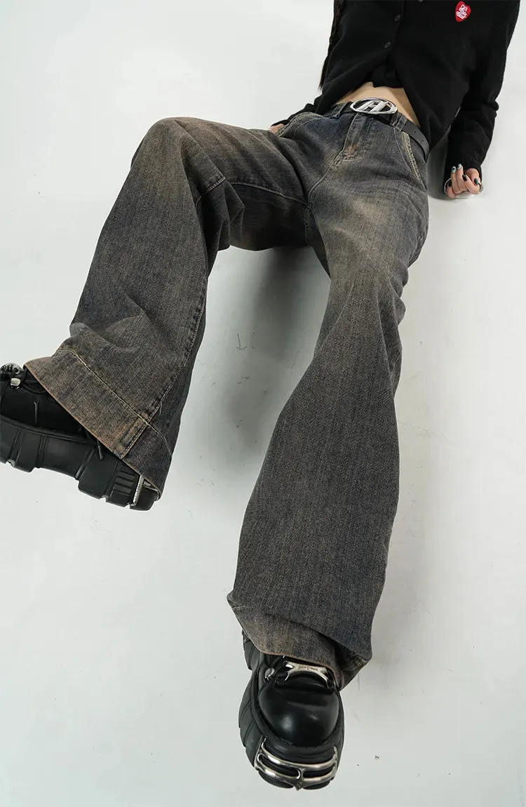 Women's Vintage Dark Blue Jeans High Waist Jeans American Streetwear Fashion Wide Leg Trousers Straight Baggy Denim Pants