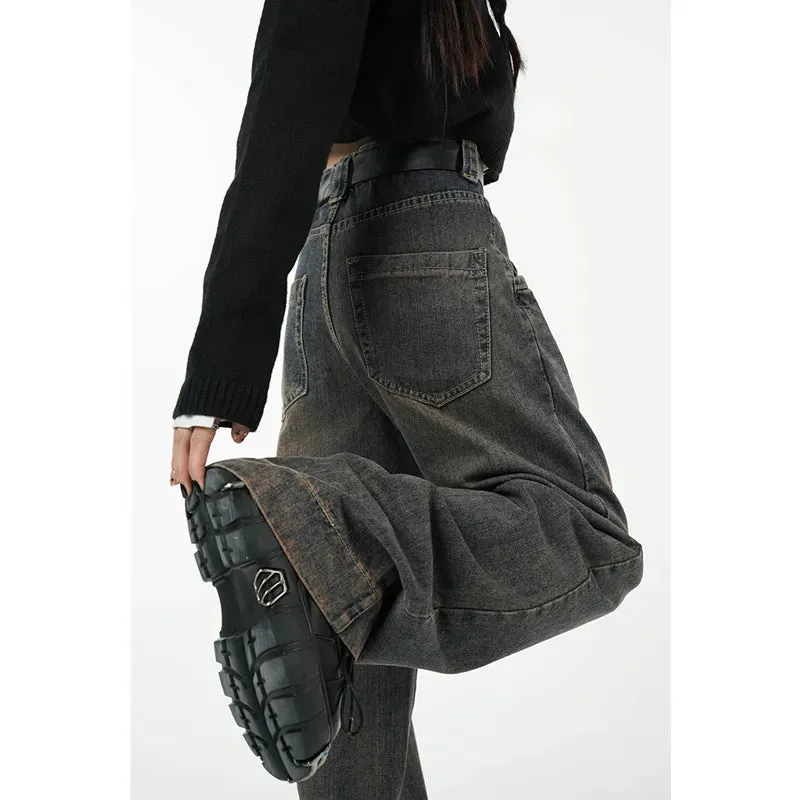 Women's Vintage Dark Blue Jeans High Waist Jeans American Streetwear Fashion Wide Leg Trousers Straight Baggy Denim Pants