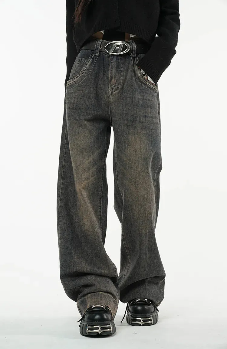 Women's Vintage Dark Blue Jeans High Waist Jeans American Streetwear Fashion Wide Leg Trousers Straight Baggy Denim Pants