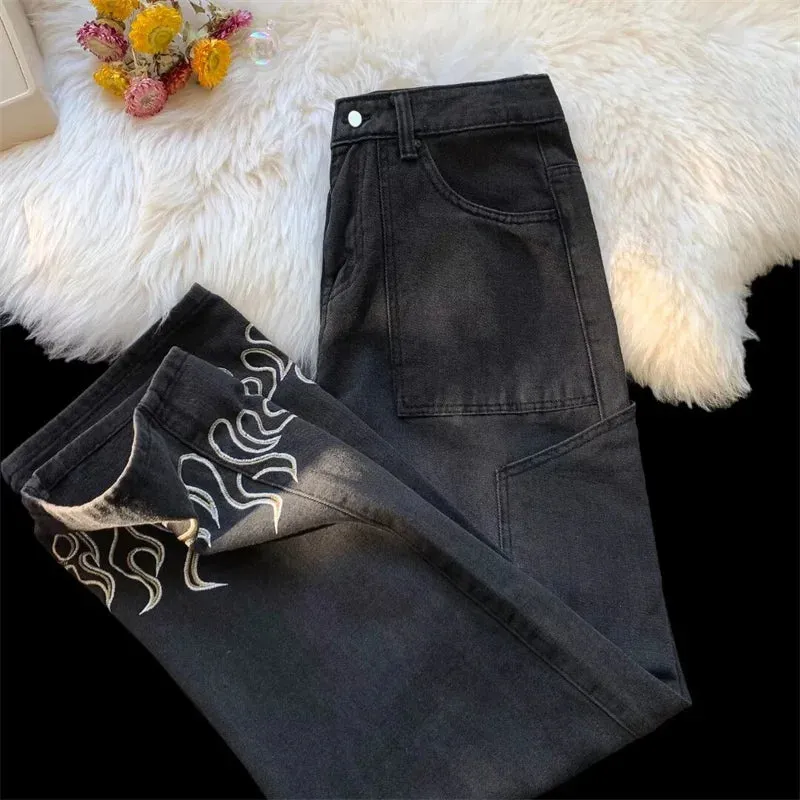 Y2K Flame Embroidered Denim Jeans