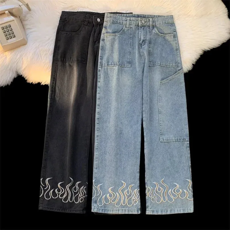 Y2K Flame Embroidered Denim Jeans