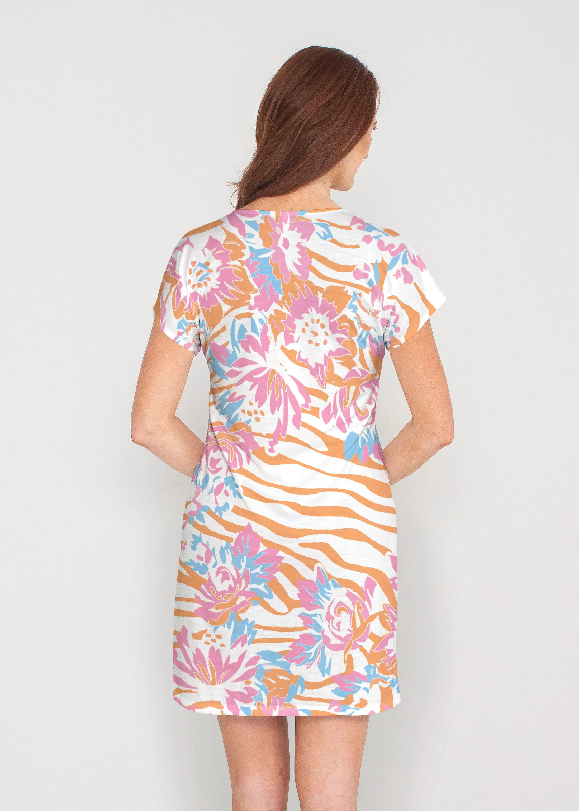 Zebra Posy Orange (8119) ~ French Terry Short Sleeve Crew Dress