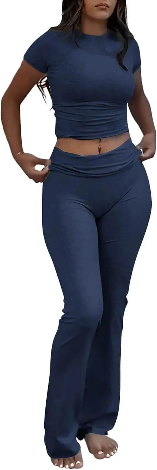 ZFLM Casual Workout Two Piece Outfits for Women Short Sleeve Crop High Waist Foldover Flare Pants Tracksuit Sets Streetwear