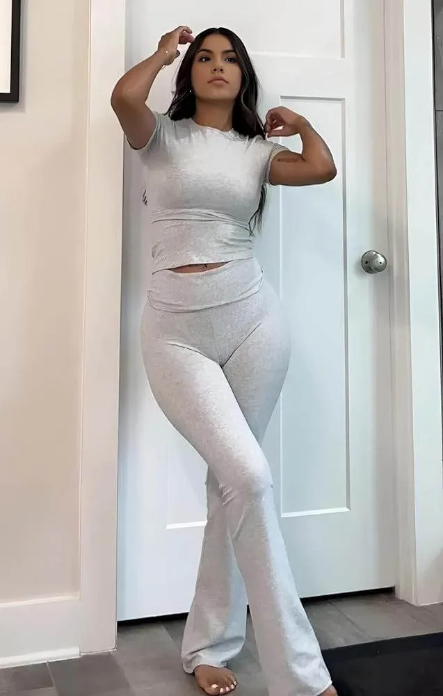ZFLM Casual Workout Two Piece Outfits for Women Short Sleeve Crop High Waist Foldover Flare Pants Tracksuit Sets Streetwear
