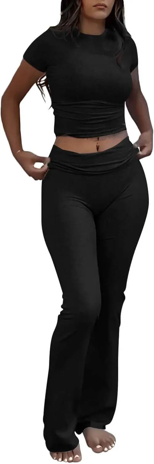 ZFLM Casual Workout Two Piece Outfits for Women Short Sleeve Crop High Waist Foldover Flare Pants Tracksuit Sets Streetwear