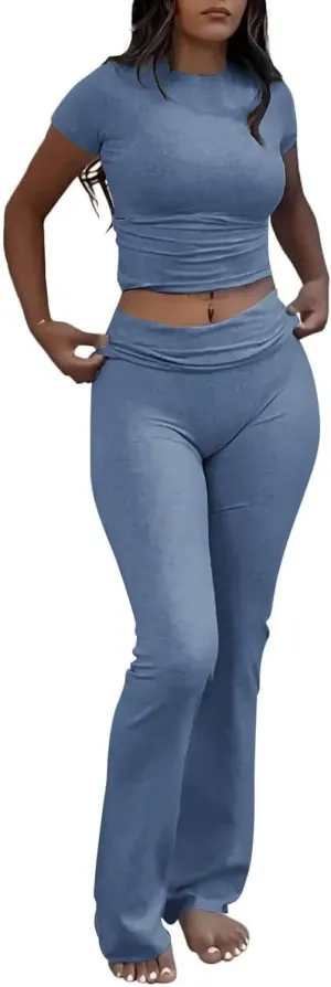 ZFLM Casual Workout Two Piece Outfits for Women Short Sleeve Crop High Waist Foldover Flare Pants Tracksuit Sets Streetwear