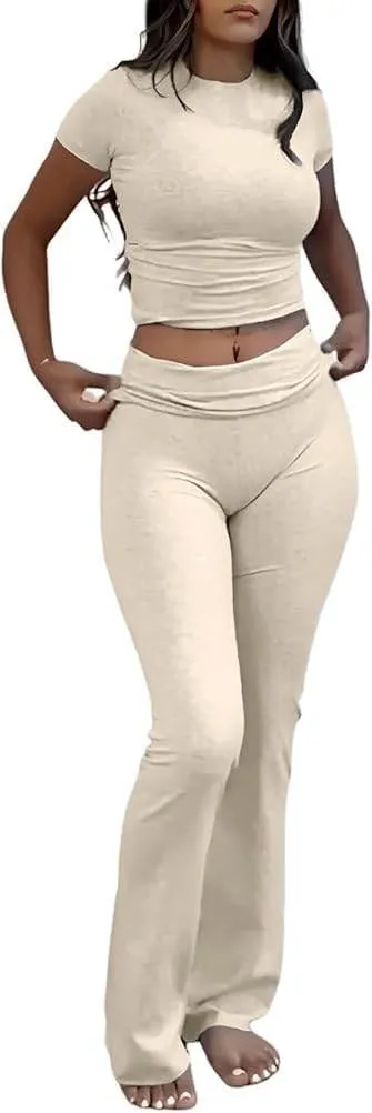 ZFLM Casual Workout Two Piece Outfits for Women Short Sleeve Crop High Waist Foldover Flare Pants Tracksuit Sets Streetwear