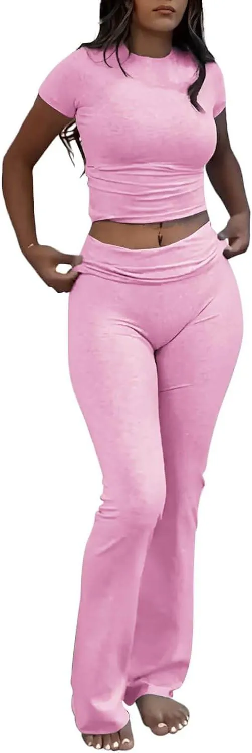 ZFLM Casual Workout Two Piece Outfits for Women Short Sleeve Crop High Waist Foldover Flare Pants Tracksuit Sets Streetwear